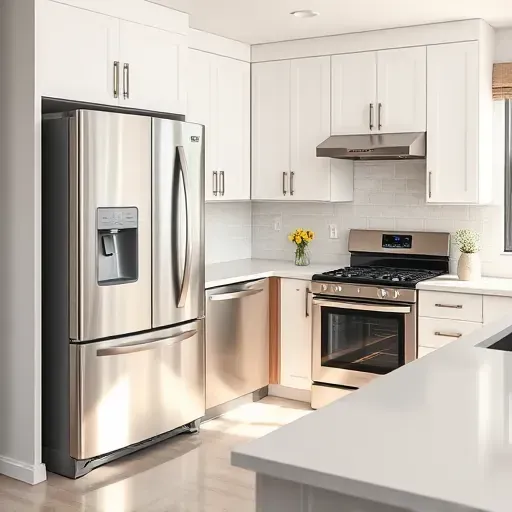 Modern kitchen in Pasadena MD with sleek stainless steel appliances, clean lines, and polished cabinetry.