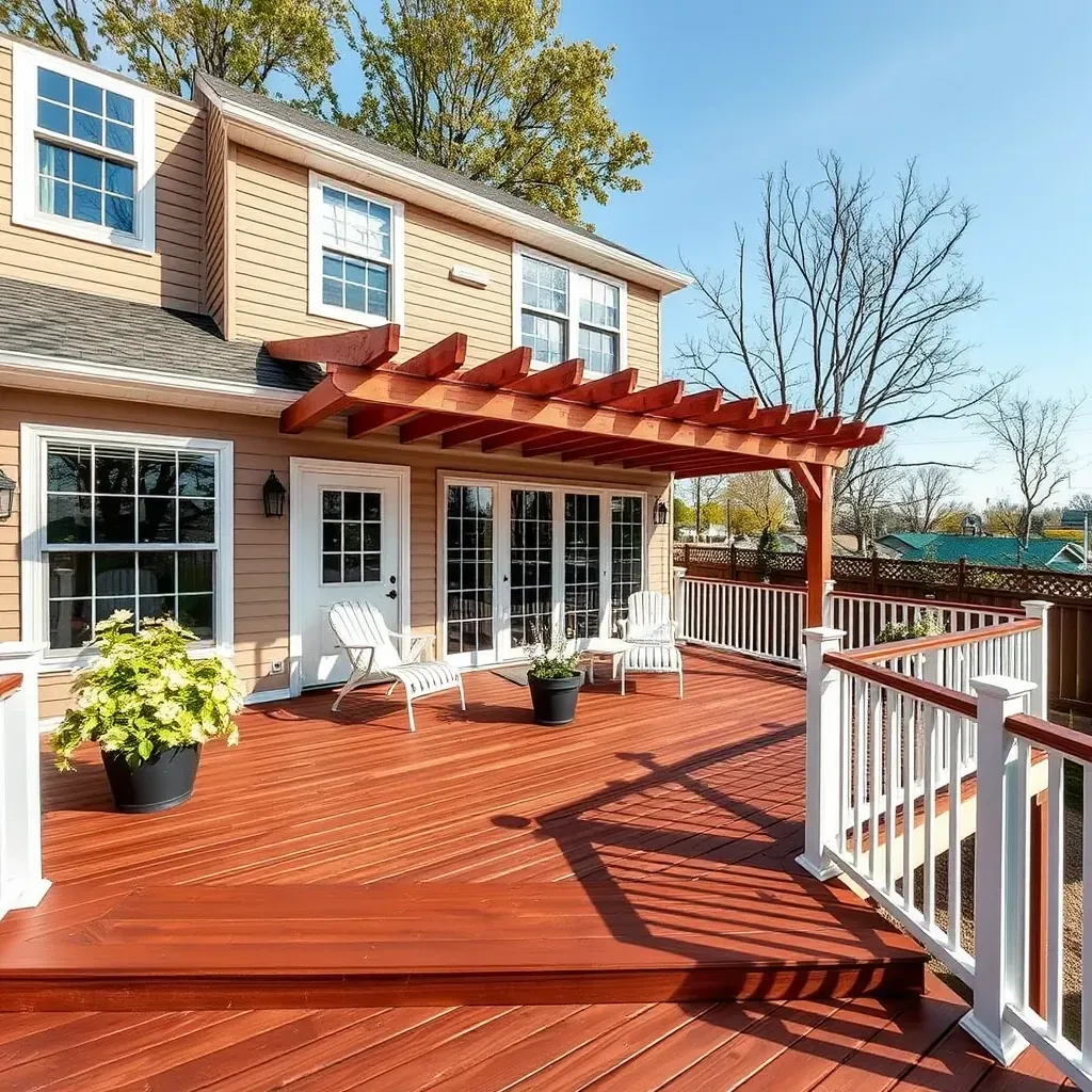 Outdoor deck builder's workspace in Pasadena, MD with wooden planks, tools, and lush landscaping in a coastal residential setting.