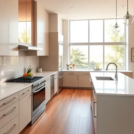 Freshly remodeled kitchen in Phoenix MD features modern cabinetry, stainless steel appliances, quartz countertops, and hardwood floors.