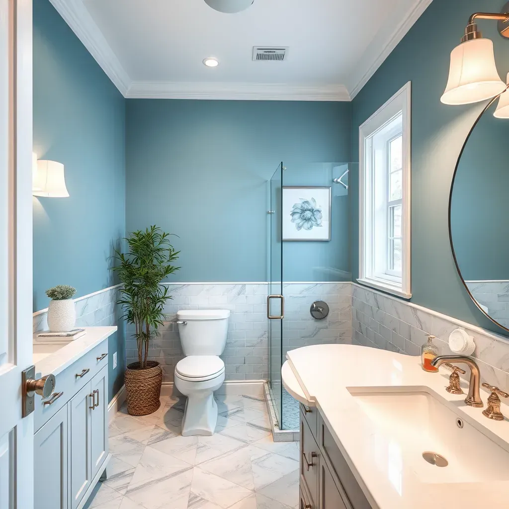Modern Pasadena bathroom with soaking tub, walk-in shower, quartz vanity, coastal colors, lush greenery, and elegant decor.