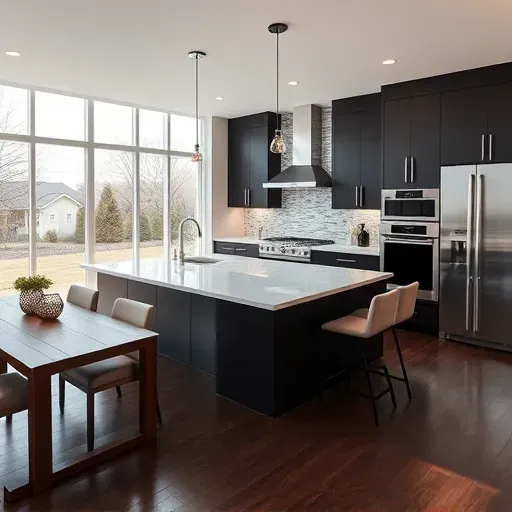 Modern kitchen remodel in Rockville, MD featuring dark cabinetry, white marble island, and natural light.