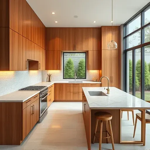 Completed modern kitchen in Accokeek MD with warm wood cabinets stainless steel appliances marble island and natural light