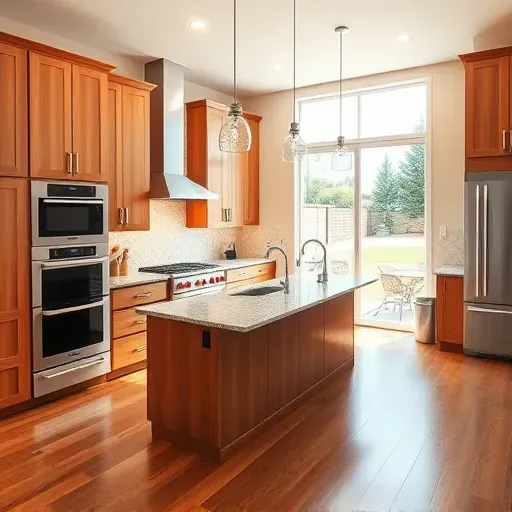 Remodeled Myersville kitchen with warm wood cabinets, granite island, stainless appliances, hardwood floors, and natural light.