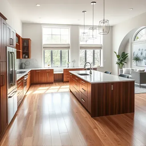 Modern kitchen remodel in Glenel, MD featuring sleek design, granite island, stainless steel appliances, and cozy living area.