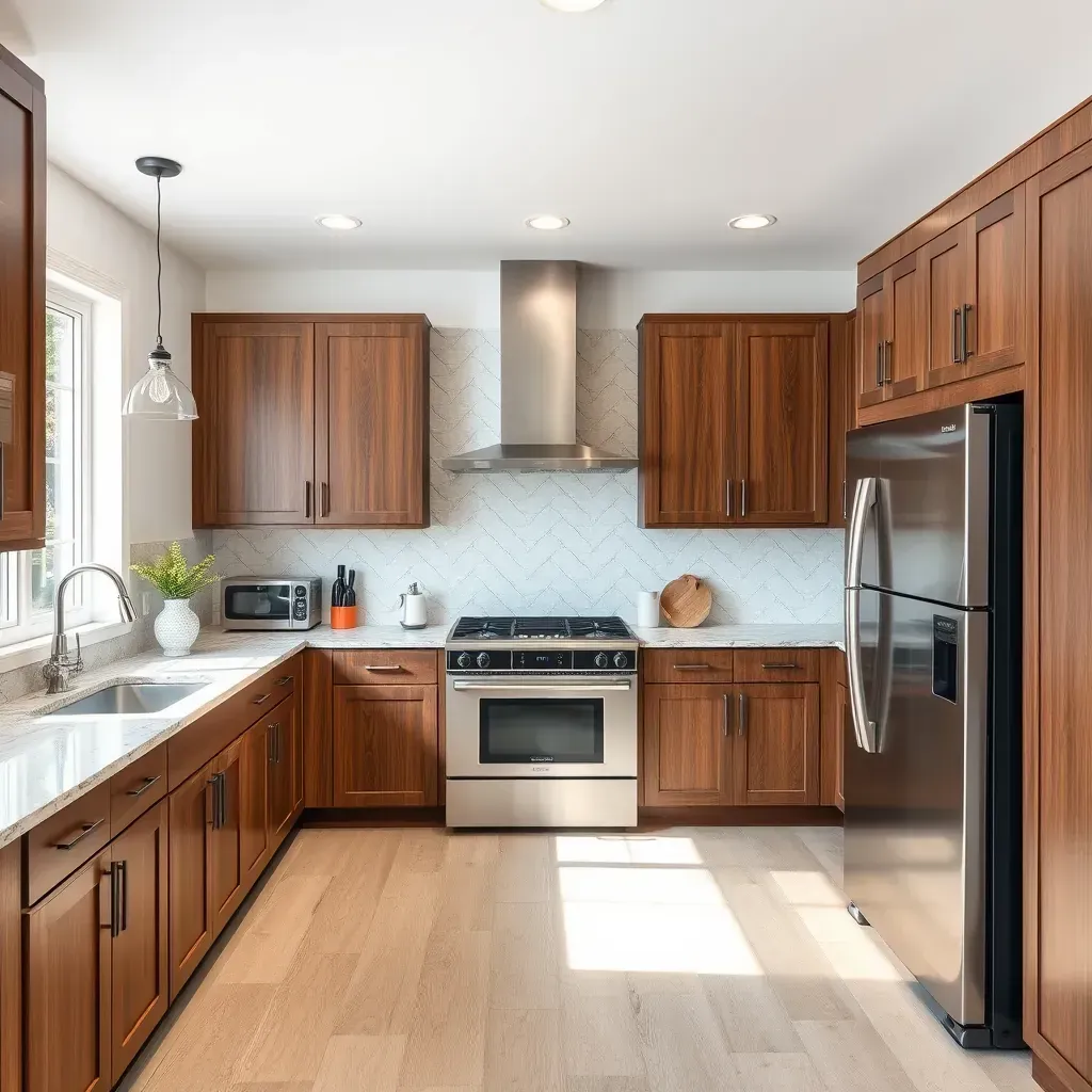 Modern kitchen in Bowie, MD with sleek cabinetry, granite counters, stainless appliances, large island, and natural light.