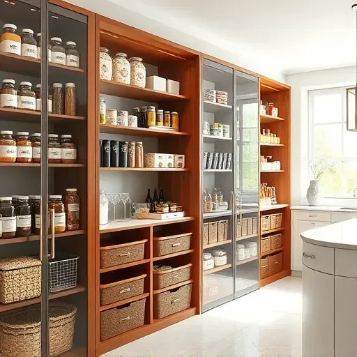 Modern Pasadena pantry with wooden shelving, labeled jars, baskets, and natural light showcasing organized storage space
