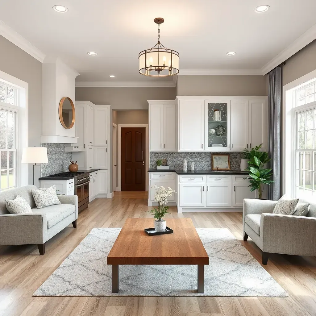 Modern Ijamsville, MD home interior with open living, sleek kitchen, hardwood floors, tools, and landscaped yard.