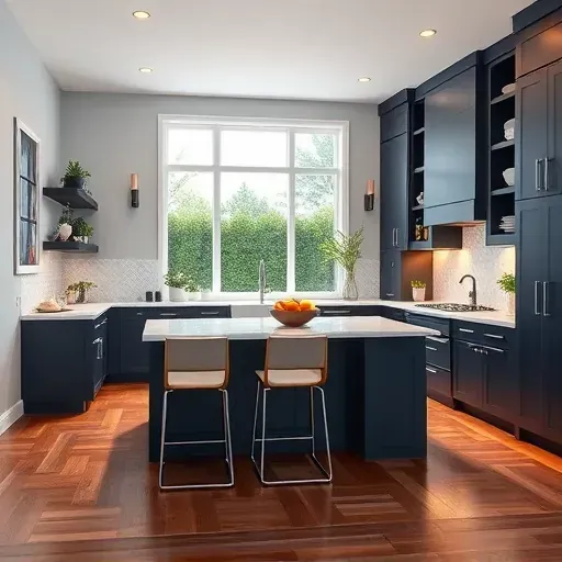 Modern kitchen remodel in Gibson Island MD featuring navy cabinetry, quartz countertops, herringbone backsplash, and garden views.