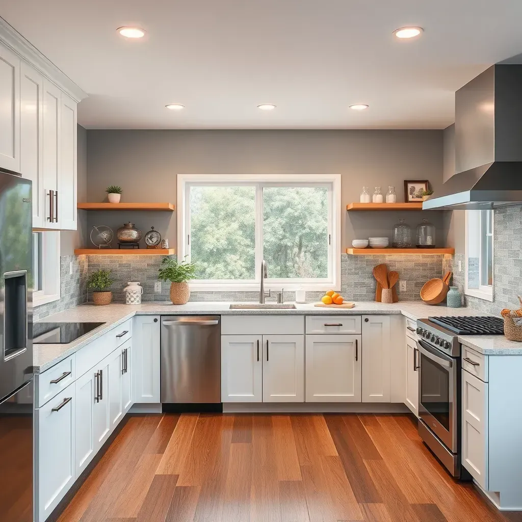 Modern kitchen in West Friendship, MD with sleek cabinetry, quartz countertops, stainless appliances, hardwood floors, and natural light.