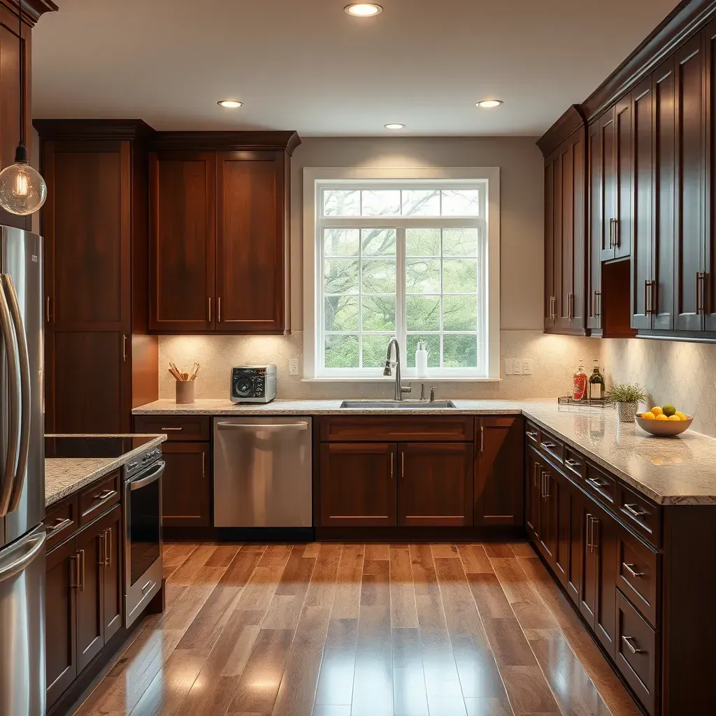 Modern Clarksville kitchen with white cabinetry, quartz countertops, large island, stainless appliances, hardwood floors.