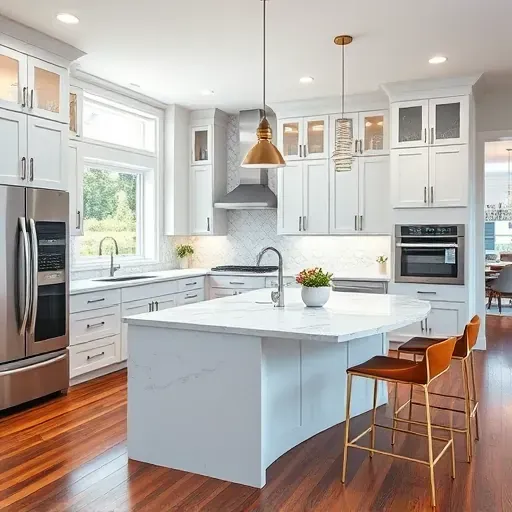 Recently remodeled kitchen in Gibson Island MD featuring modern cabinetry, marble countertops, and stainless steel appliances.