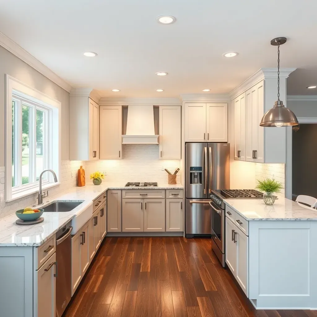 Spacious West Friendship, MD kitchen with white quartz counters, oak cabinets, stainless steel appliances, and natural light.
