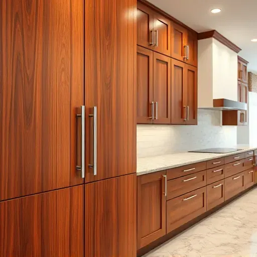 Refined wooden kitchen cabinets with glossy stain, modern hardware, and minimalist design in a sunny Pasadena kitchen