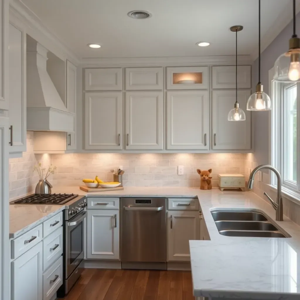 Modern Myersville kitchen with quartz countertops, sleek cabinets, stainless appliances, hardwood floors, and natural light.