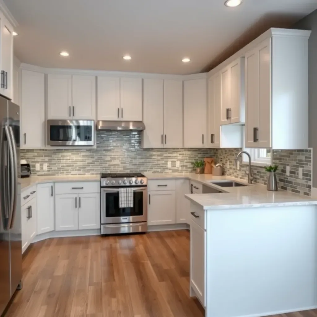 Stylish modern kitchen in Clarksburg, MD with sleek cabinets, granite countertops, stainless appliances, & bright lighting.