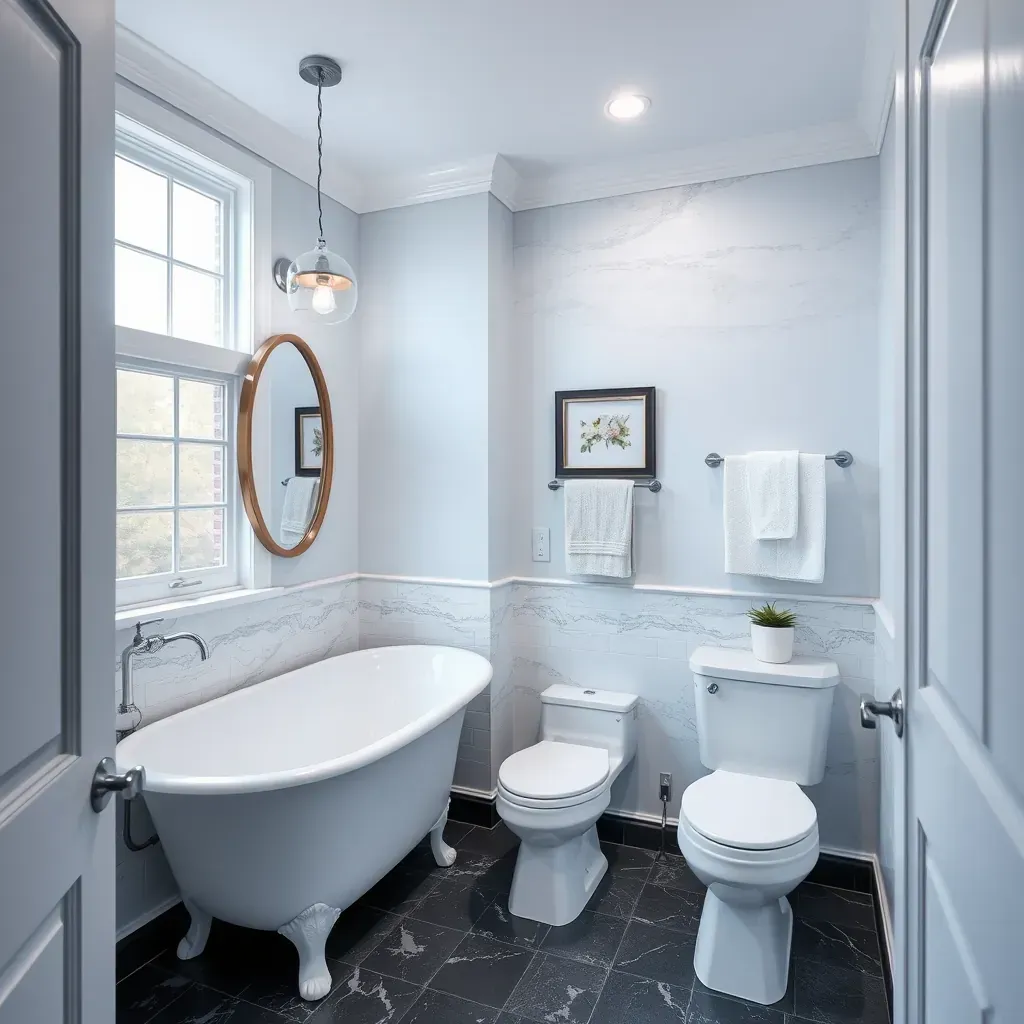 Modern bathroom in Pasadena, MD with marble-look tiles, glass shower, freestanding tub, quartz vanity, and premium fixtures.