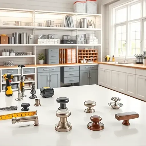 Organized Pasadena cabinet hardware workshop with stylish knobs, tools, shelves, and upgraded kitchen cabinets