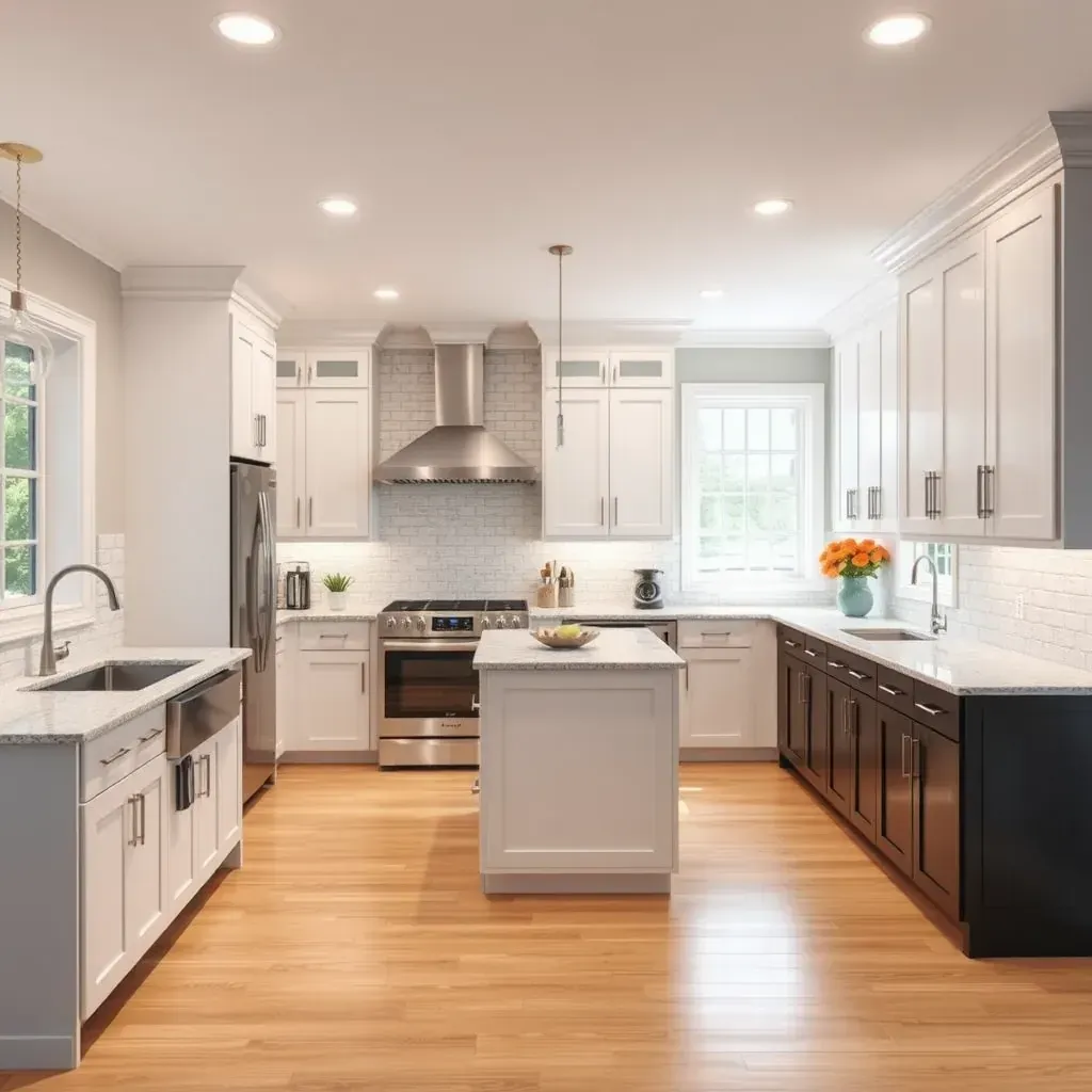 Modern kitchen remodel in Gaithersburg, MD featuring sleek cabinetry, quartz countertops, island, stainless appliances, and city views.