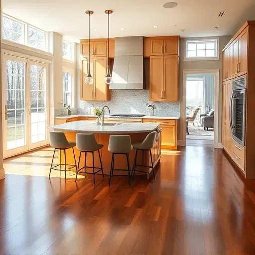 Modern kitchen remodel in New Market, MD featuring sleek cabinetry, granite countertops, and polished hardwood floors.