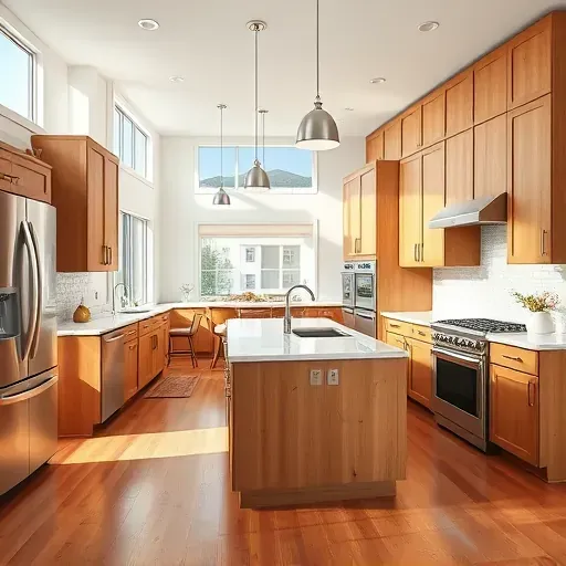 Completed modern kitchen in Huntingtown MD with wood cabinets granite countertops stainless steel appliances and large windows