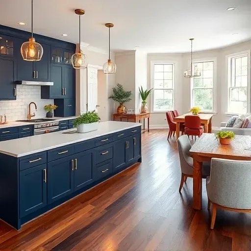 Beautifully remodeled kitchen in Ellicott City with navy cabinetry, brass hardware, white quartz countertops, and hardwood floors.
