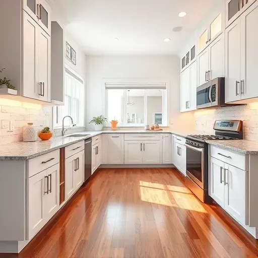 Remodeled White Marsh MD kitchen with white cabinets, granite island, stainless appliances, neutral backsplash, hardwood floors, and open layout