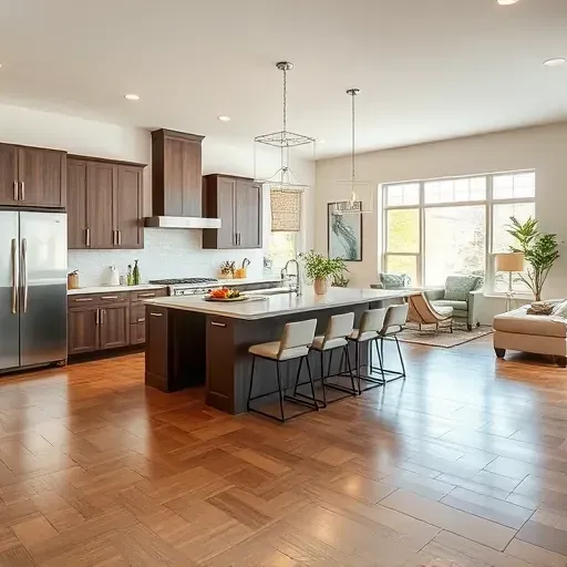 Modern open-concept living space in Millersville, MD with stylish hardwood floors and elegant stainless steel finishes.