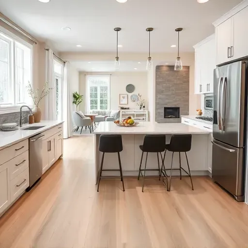 Modern kitchen remodel in West Friendship MD features sleek stainless steel appliances, white cabinetry, and quartz countertops.