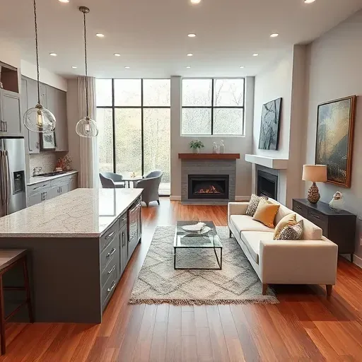 Modern open-concept living space in Glenel, MD, featuring a sleek kitchen, elegant decor, and natural light.
