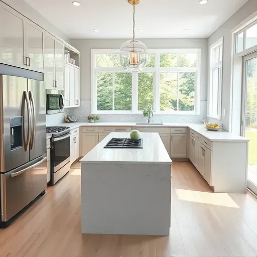 Modern sleek kitchen in Severna Park MD with stainless steel appliances, quartz countertops, marble backsplash, hardwood floors, and natural light