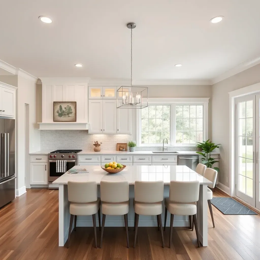 Renovated Marriottsville home interior with fresh paint, hardwood floors, modern kitchen, and lush outdoor landscaping.