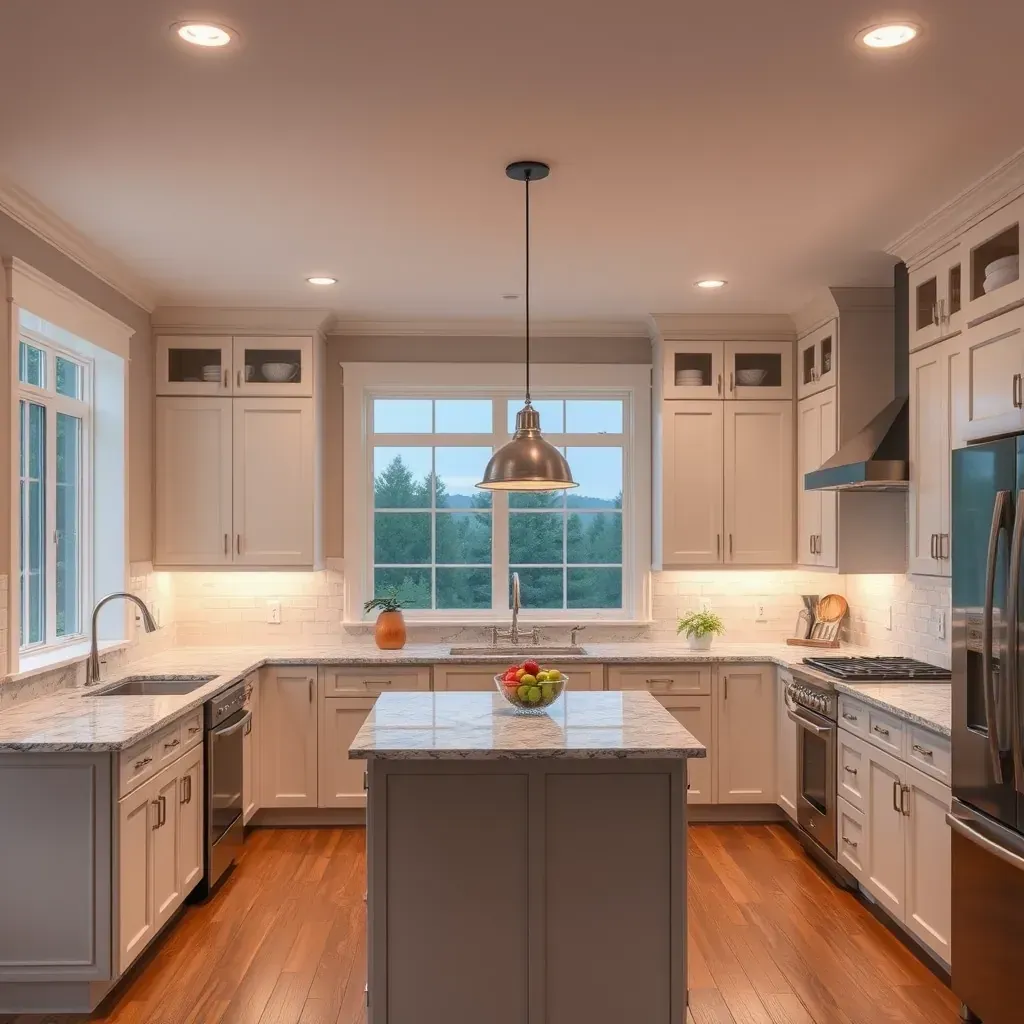 Modern Dunkirk, MD kitchen with sleek cabinets, quartz counters, subway tile backsplash, stainless steel appliances, and hardwood flooring.