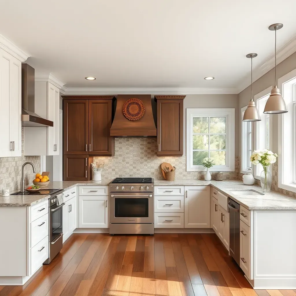 Modern Parkton, MD kitchen with white quartz countertops, wood cabinets, stainless appliances, and natural light.