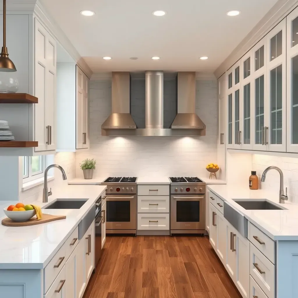 Modern Pasadena kitchen with white quartz counters, dark cabinets, stainless appliances, and herringbone hardwood floors.
