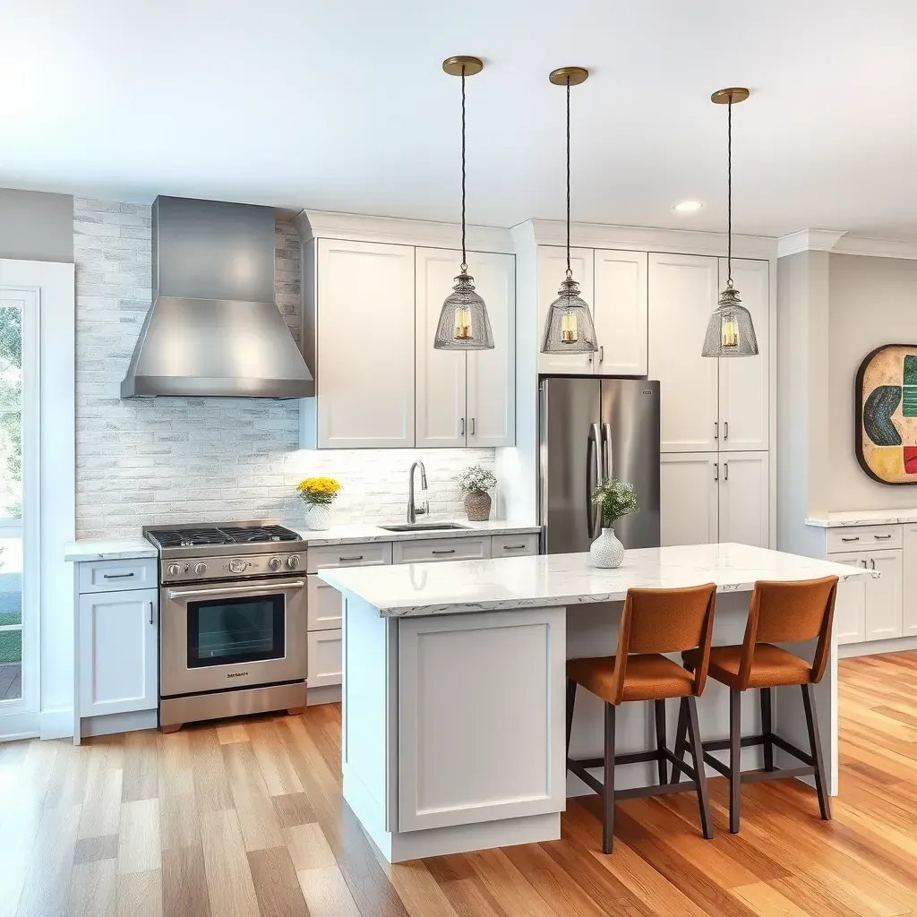 Beautiful modern Pasadena, MD kitchen remodel with navy cabinets, white marble countertops, stainless appliances, hardwood floors.