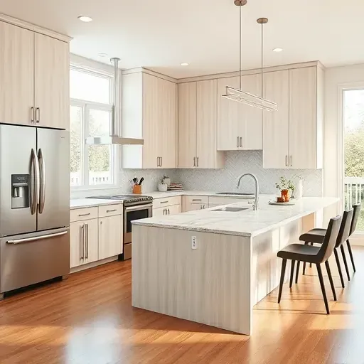 Modern kitchen remodel in Pasadena MD with neutral cabinetry, granite island, and elegant herringbone backsplash.