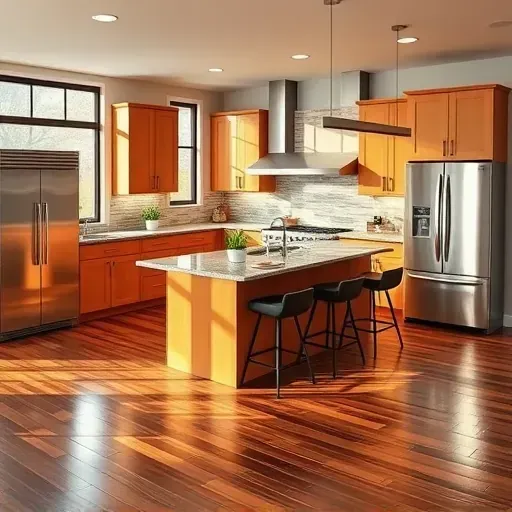 Modern kitchen remodel in Clarksburg MD featuring sleek cabinetry, stainless appliances, granite island, and natural light.