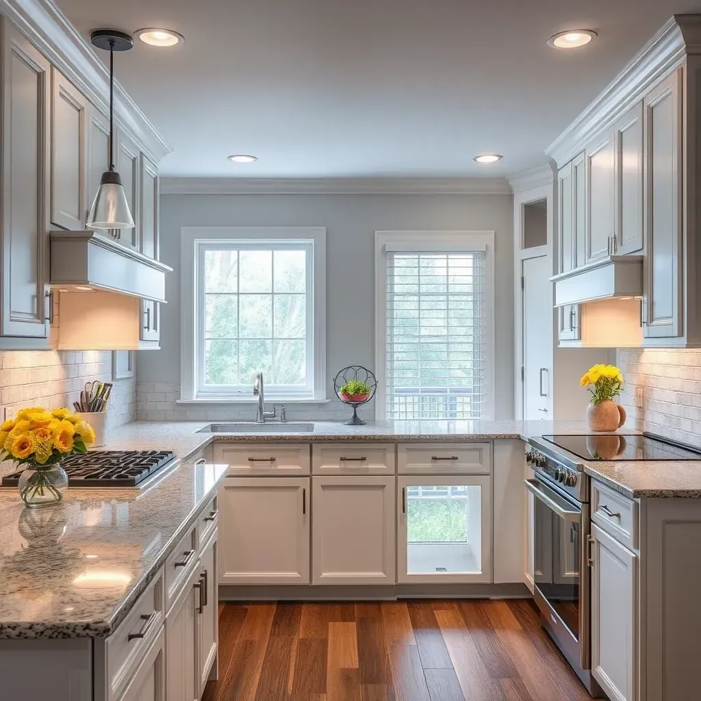 Bright, remodeled Port Republic, MD kitchen with gray cabinets, stainless appliances, quartz counters, and hardwood floors.
