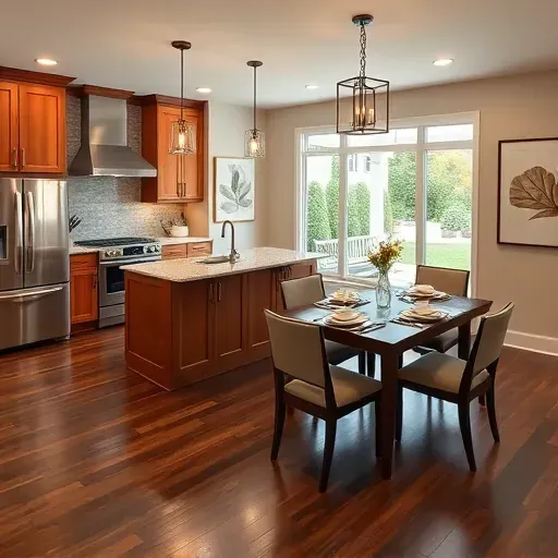 Modern kitchen remodel in Accokeek MD with stainless steel appliances, wooden cabinets, and a spacious dining area.