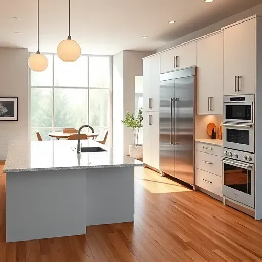 Recently renovated Hanover MD modern kitchen with sleek matte cabinets, granite countertops, stainless steel appliances, hardwood floors, and natural light