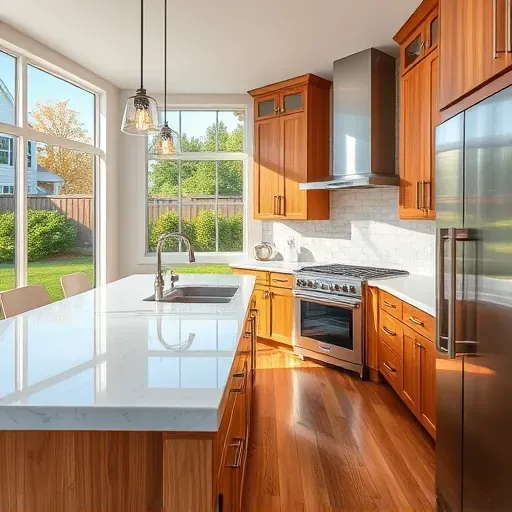 Recently remodeled kitchen in Pasadena MD with quartz counters, custom cabinetry, modern appliances, and bright natural light.