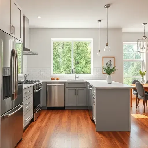 Freshly remodeled kitchen in Millersville, MD featuring modern gray and white cabinetry, stainless steel appliances, and quartz countertops.