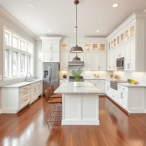 Modern kitchen remodel in Rockville MD with stainless steel appliances, granite countertops, and cream cabinetry.