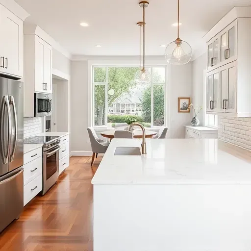 Modern remodeled Pasadena kitchen with white cabinets, quartz countertops, stainless steel appliances, and hardwood floors
