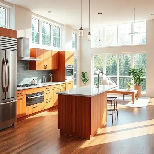 Renovated Ijamsville kitchen with modern wood cabinets stainless steel appliances granite island hardwood floor natural light