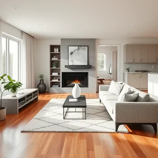 Modern living room in Clarksville MD showcases open layout, elegant hardwood floors, chic décor, and serene ambiance.