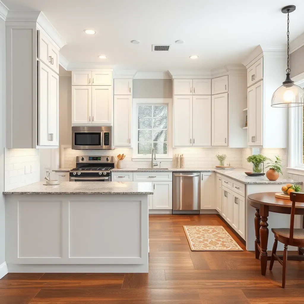 Modern kitchen remodel in Woodbine, MD featuring marble countertops, stainless steel appliances, honey-toned cabinets, and natural light.
