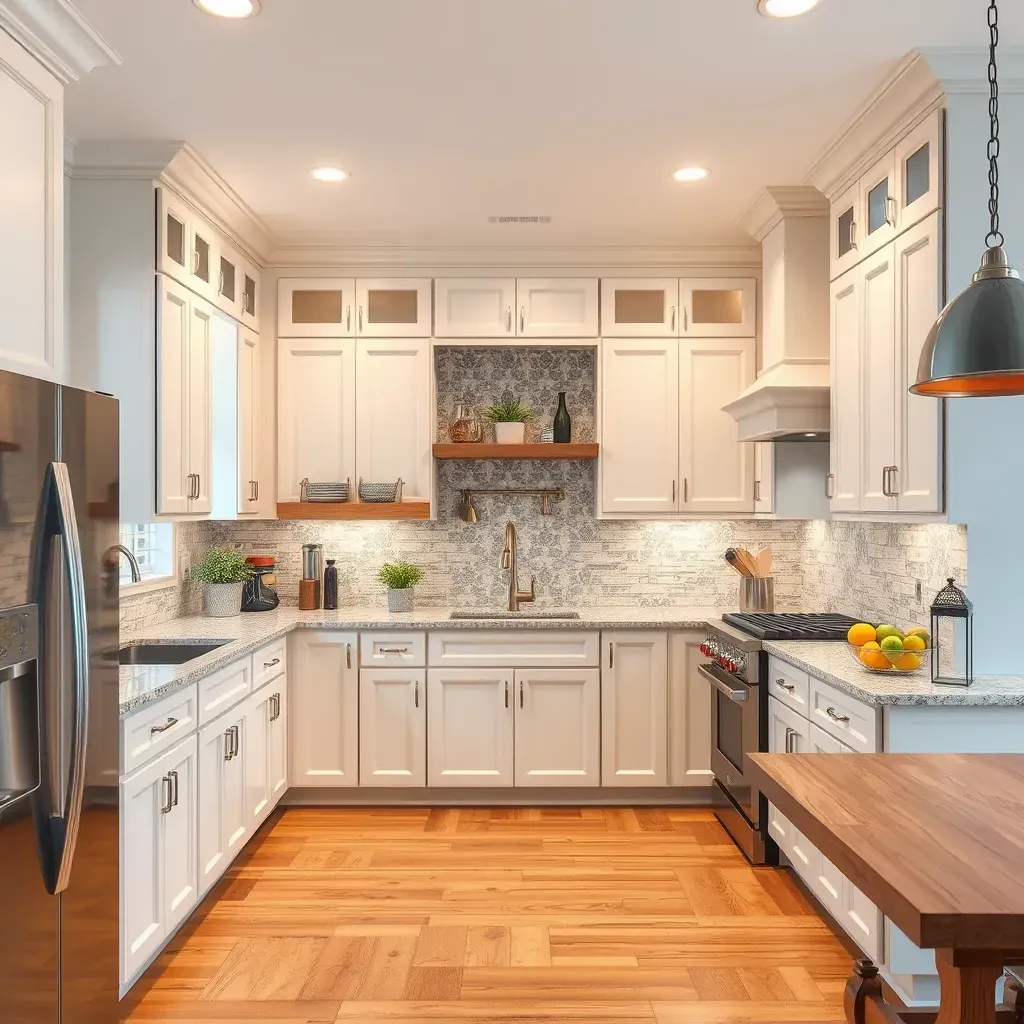 A modern kitchen in Clarksville, MD with sleek cabinets, a central island, stylish lighting, and stainless appliances.