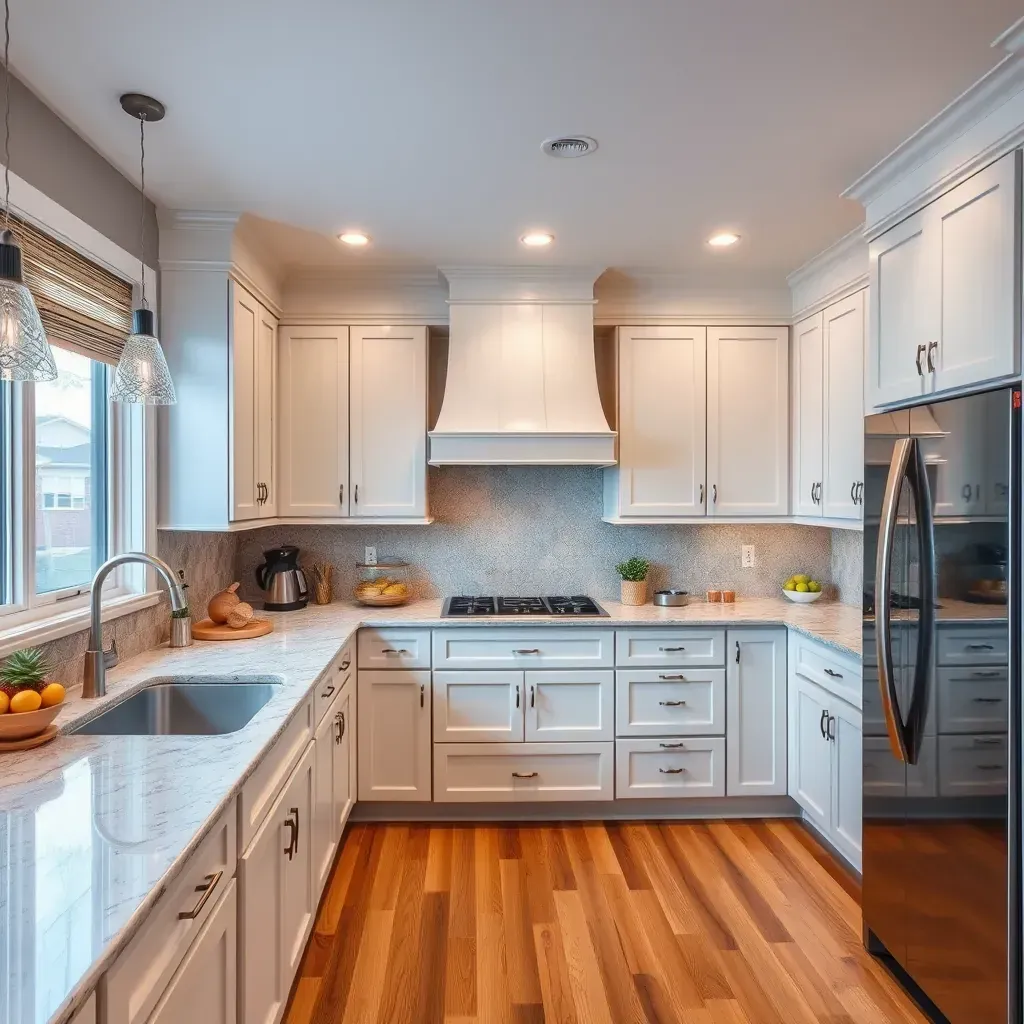 Remodeled Phoenix, MD kitchen with neutral cabinets, stainless appliances, granite counters, hardwood floors, and modern lighting.