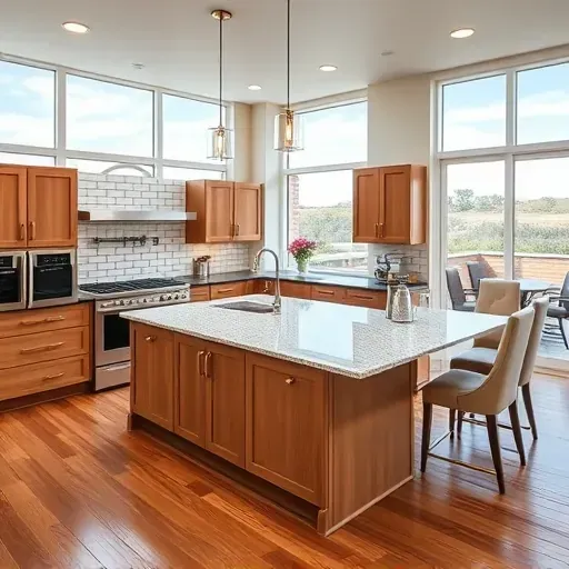 Beautiful renovated Hanover MD kitchen with granite countertops stainless appliances custom wood cabinetry large island natural light hardwood floors and stylish backsplash